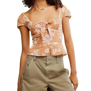 NWT $98 Free People Women’s Cap Sleeve Button Up Shirt Top  100% Cotton Size L